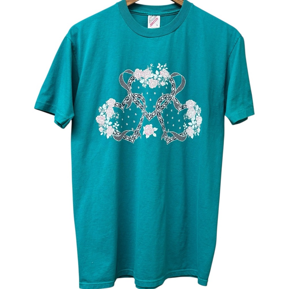 vintage cottage core teal shirt with ribbons, hearts, and roses. size large